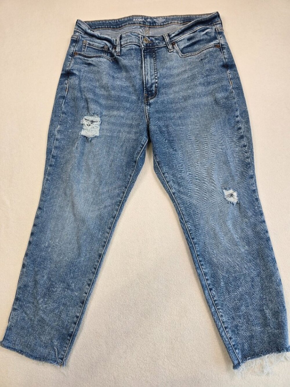 Old Navy Extra Stretch OG Straight High-Rise Jeans 14 Short Blue Denim Raw Hem